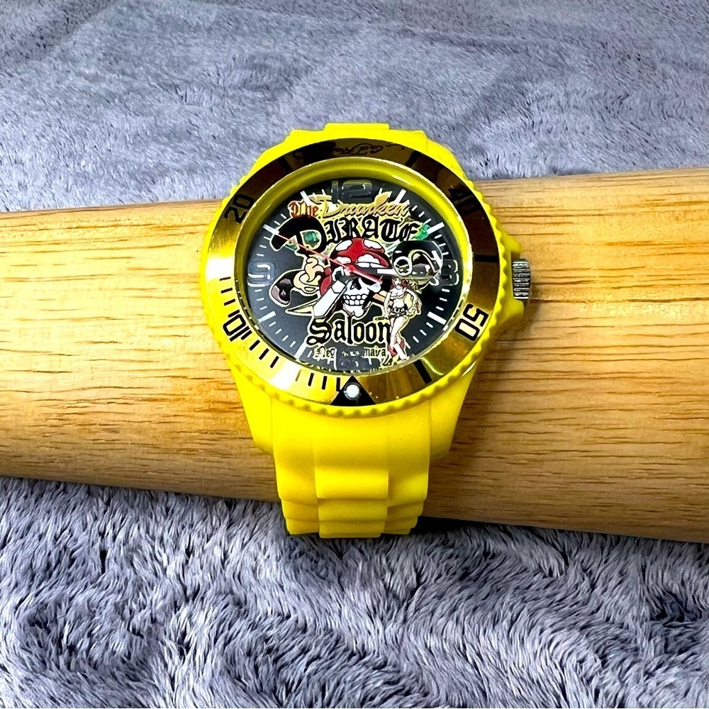 Rare Ed Hardy Love Kills Slowly Drunken Pirate Saloon Yellow Strap Watch